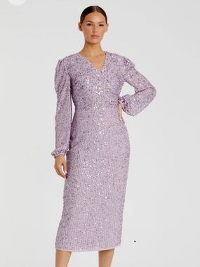 Mac Duggal Lavender Sequin Midi Dress with V-Neck